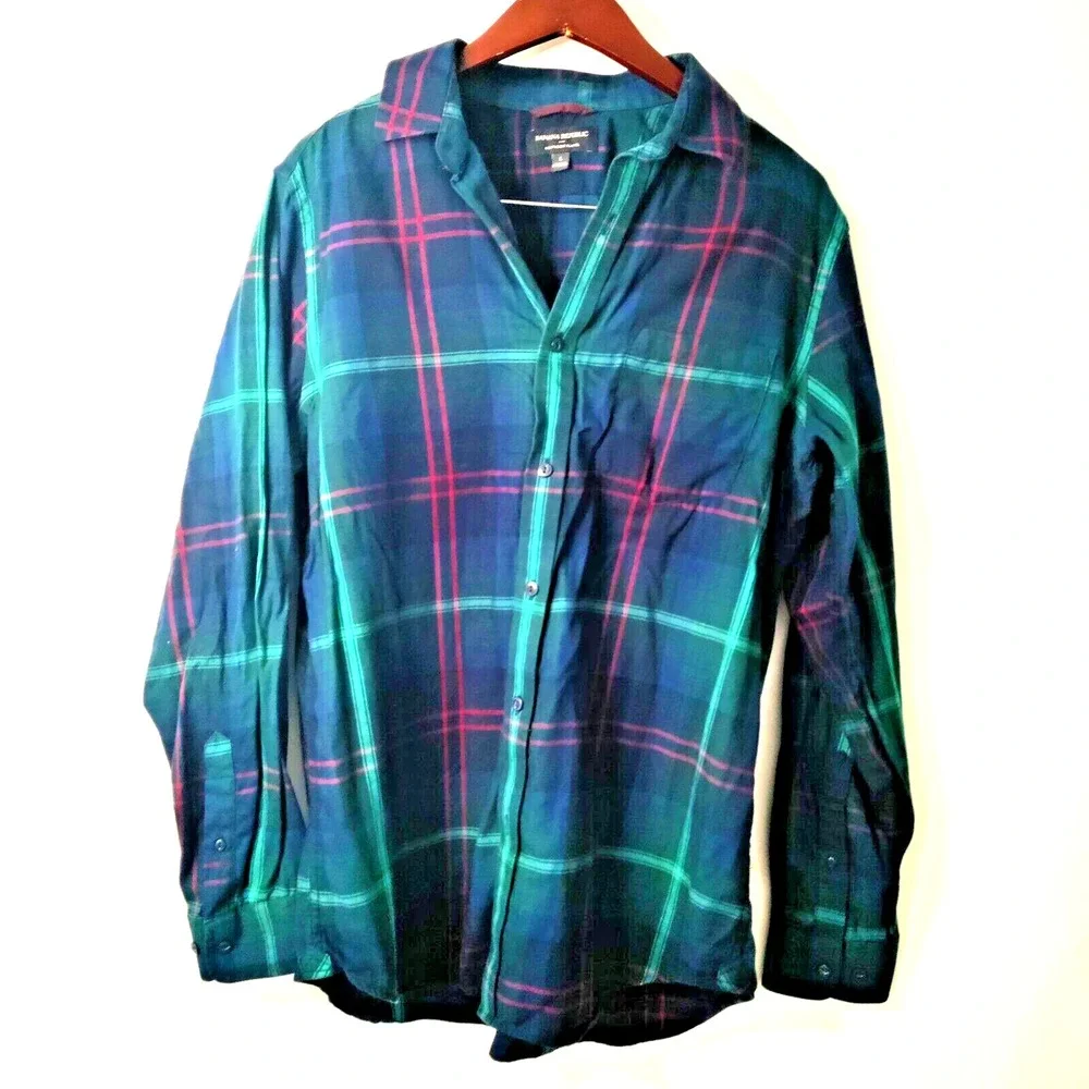 Banana Republic Lightweight Flannel Blue/Red Plaid Biker Western Y2K Shirt Men L